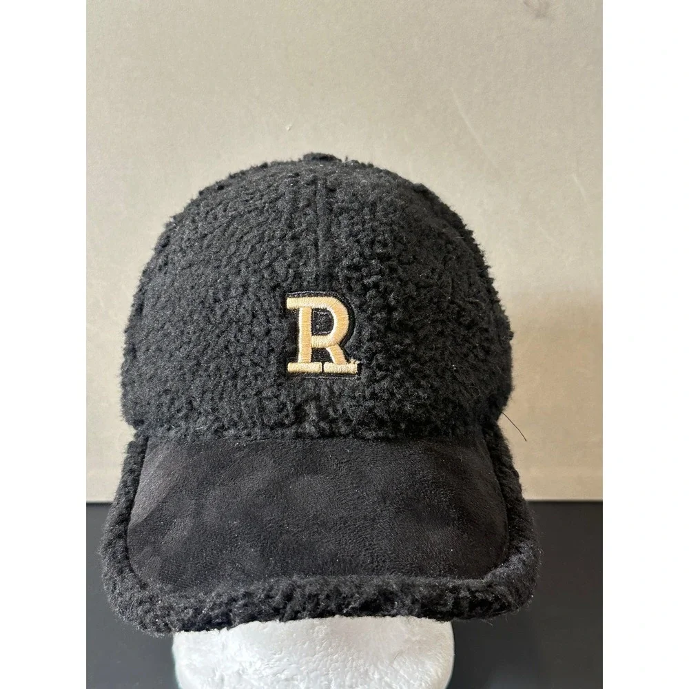 Black Borg Fleece Baseball Cap Gold Embroidered R Initial Sherpa Faux Suede Hat